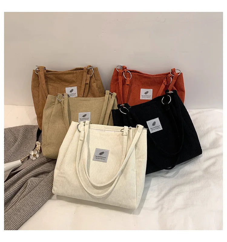 Women Casual Corduroy Shoulder Tote Bag Retro Canvas Shopper Messenger Bag