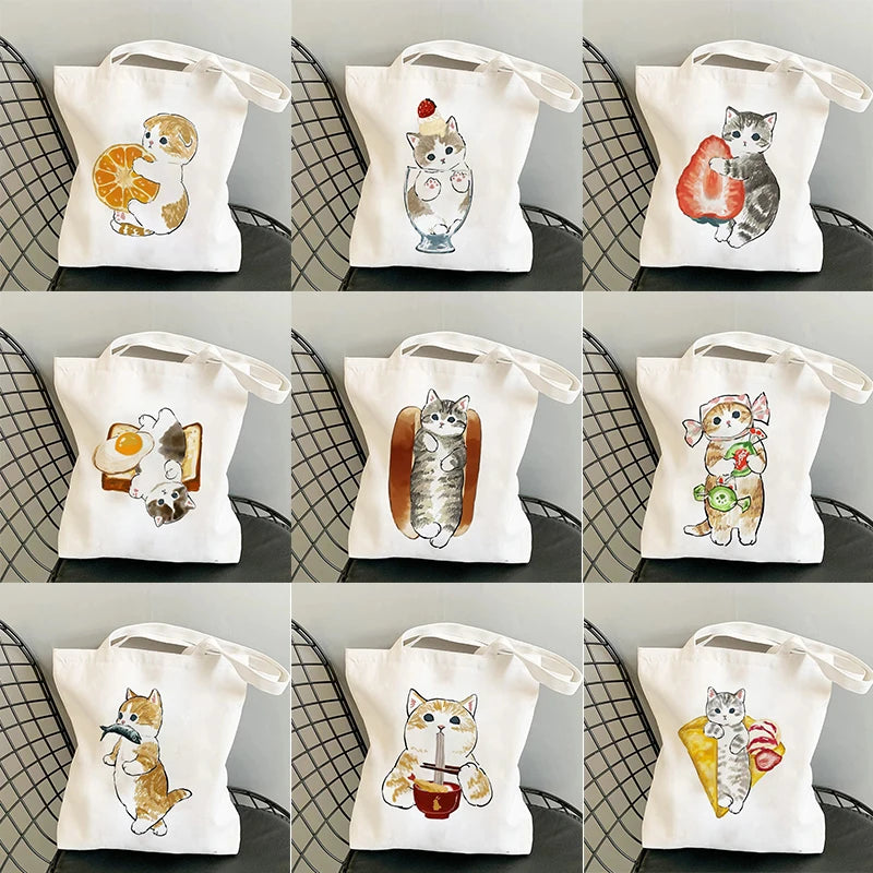 Cartoon Cat Anime Canvas Shopper Bag Large Capacity Shoulder Handbag