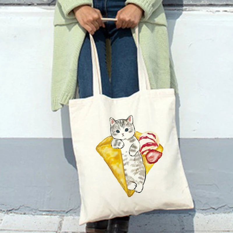 Cartoon Cat Anime Canvas Shopper Bag Large Capacity Shoulder Handbag