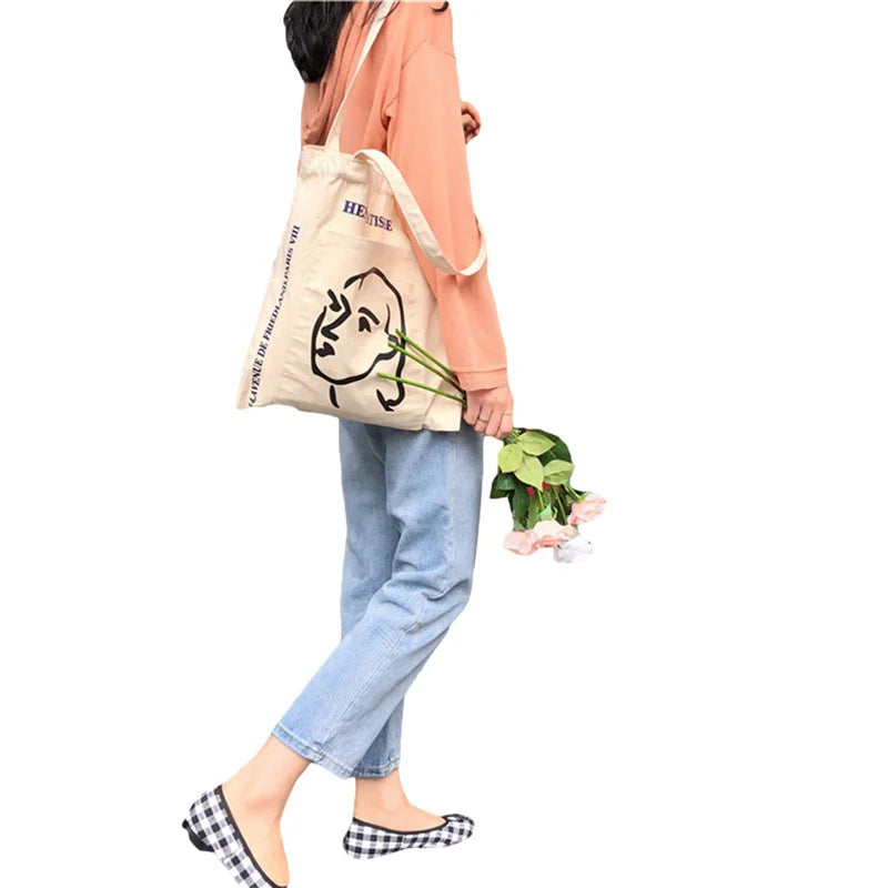 Casual Shoulder Bag, Female Head Print Handbag Tote - White