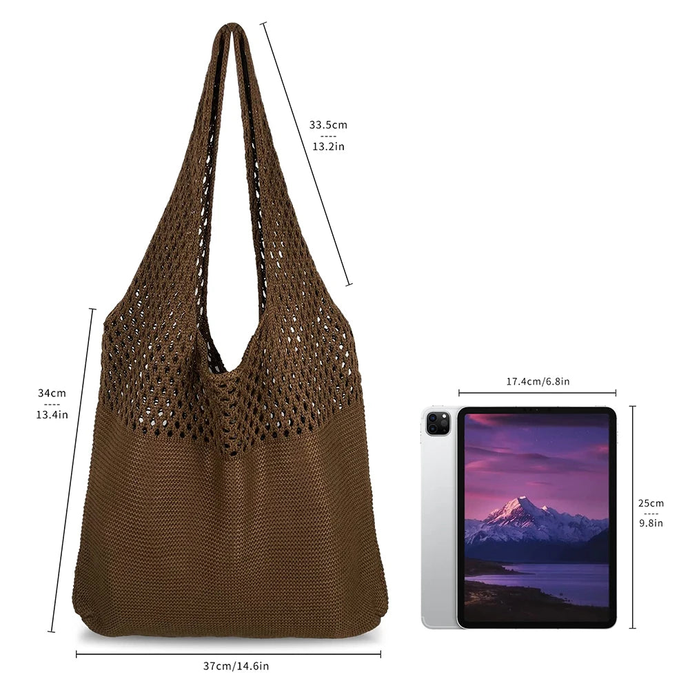 Women Knitted Shoulder Bag Hollow Out Top High Capacity Shopping