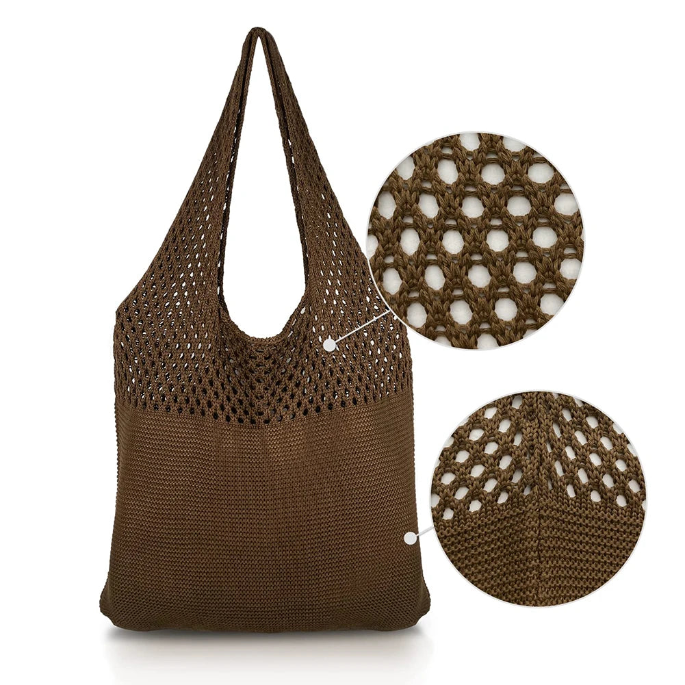 Women Knitted Shoulder Bag Hollow Out Top High Capacity Shopping