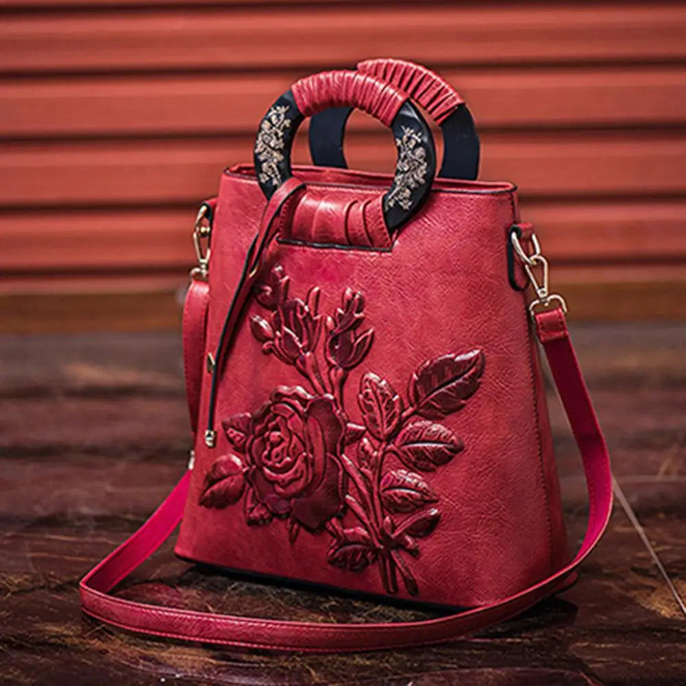 Chinese Floral Print Shoulder Bag Faux Leather Handbag Large Capacity
