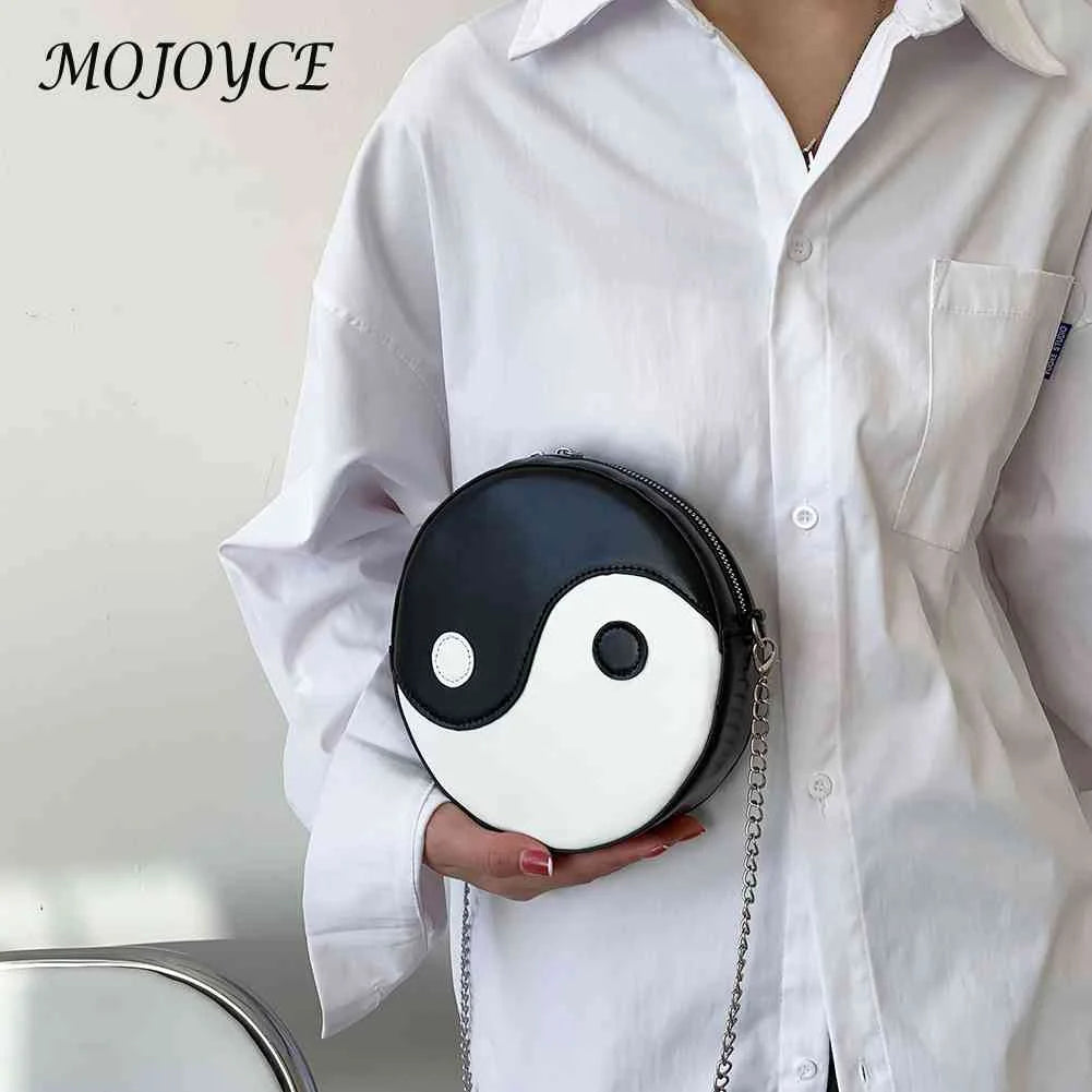 Women Chinese Style Circular Chain Crossbody Bag PU Leather Round Shoulder Bag