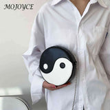 Women Chinese Style Circular Chain Crossbody Bag PU Leather Round Shoulder Bag