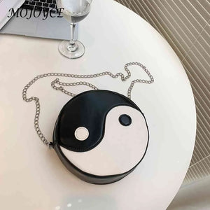Women Chinese Style Circular Chain Crossbody Bag PU Leather Round Shoulder Bag