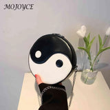 Women Chinese Style Circular Chain Crossbody Bag PU Leather Round Shoulder Bag