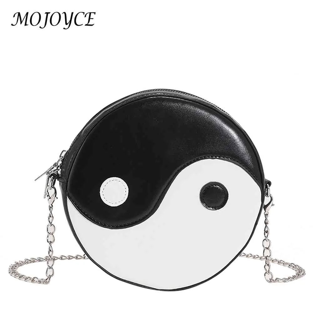 Women Chinese Style Circular Chain Crossbody Bag PU Leather Round Shoulder Bag