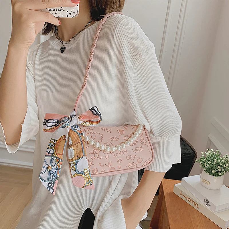 Cartoon Printed Shoulder Bag Lightweight Clutch with Scarf