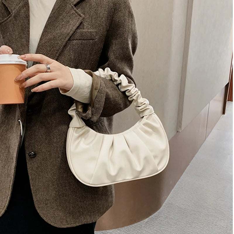 Soft PU Leather Pleated Underarm Bag Women Cloud Handbag