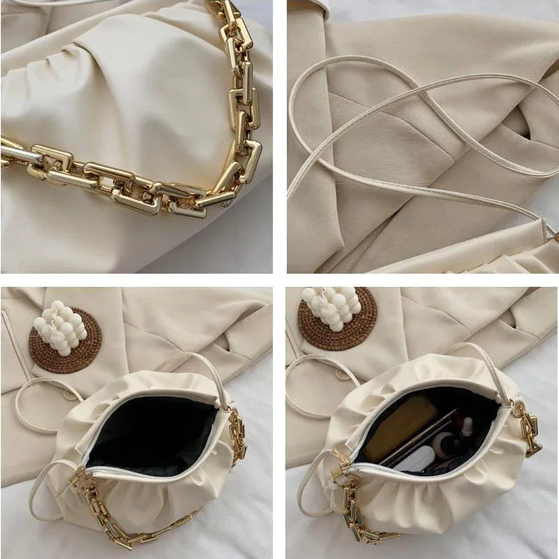 Women Cloud Ruched Shoulder Bags Female Thick Chain Handbags Crossbody Bags