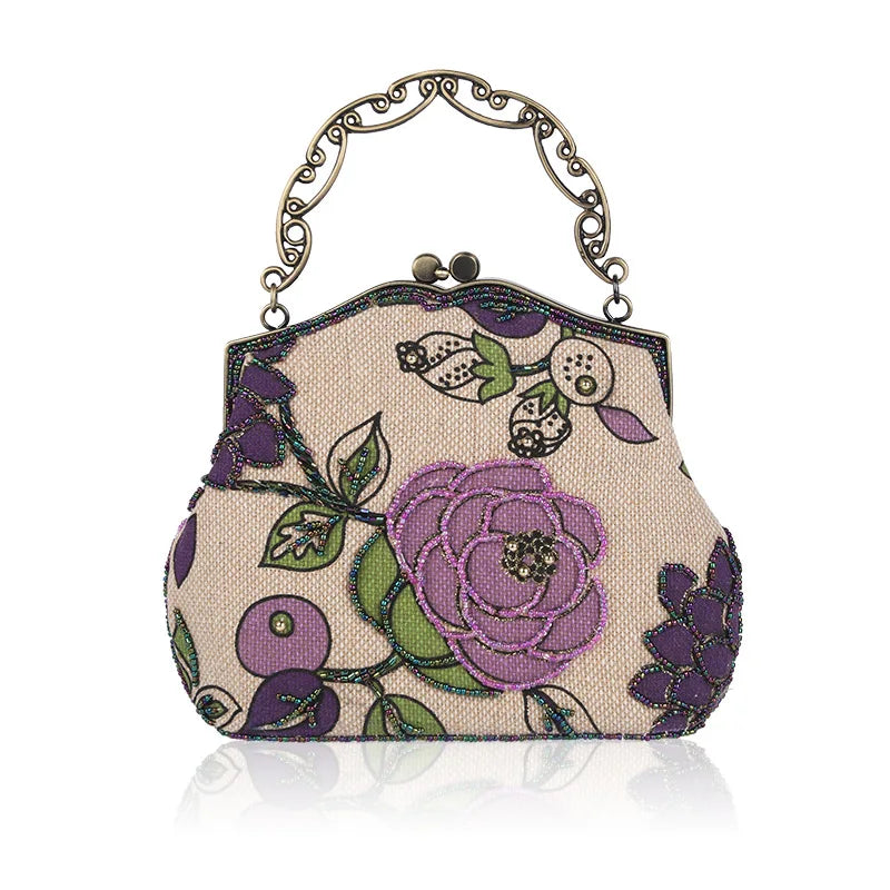 Vintage Flower Embroidery Linen Evening Bag Wedding Party Ladies Clutch