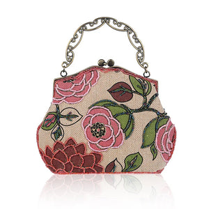 Vintage Flower Embroidery Linen Evening Bag Wedding Party Ladies Clutch