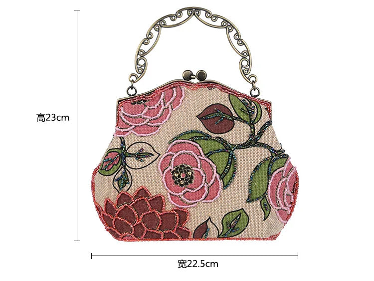 Vintage Flower Embroidery Linen Evening Bag Wedding Party Ladies Clutch