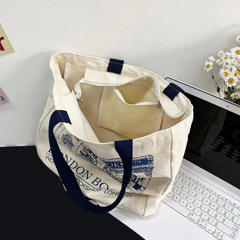 London Bookshop Print Canvas Women Clutch Purse Large Capacity