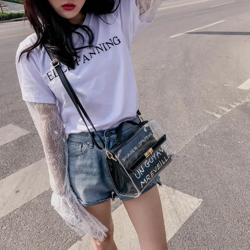 Women Transparent Handbag Letters Printed Shoulder Bag