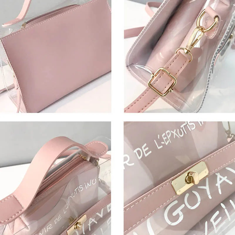 Women Transparent Handbag Letters Printed Shoulder Bag