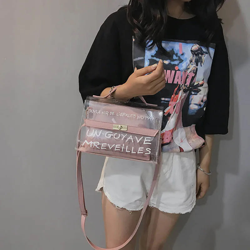Women Transparent Handbag Letters Printed Shoulder Bag