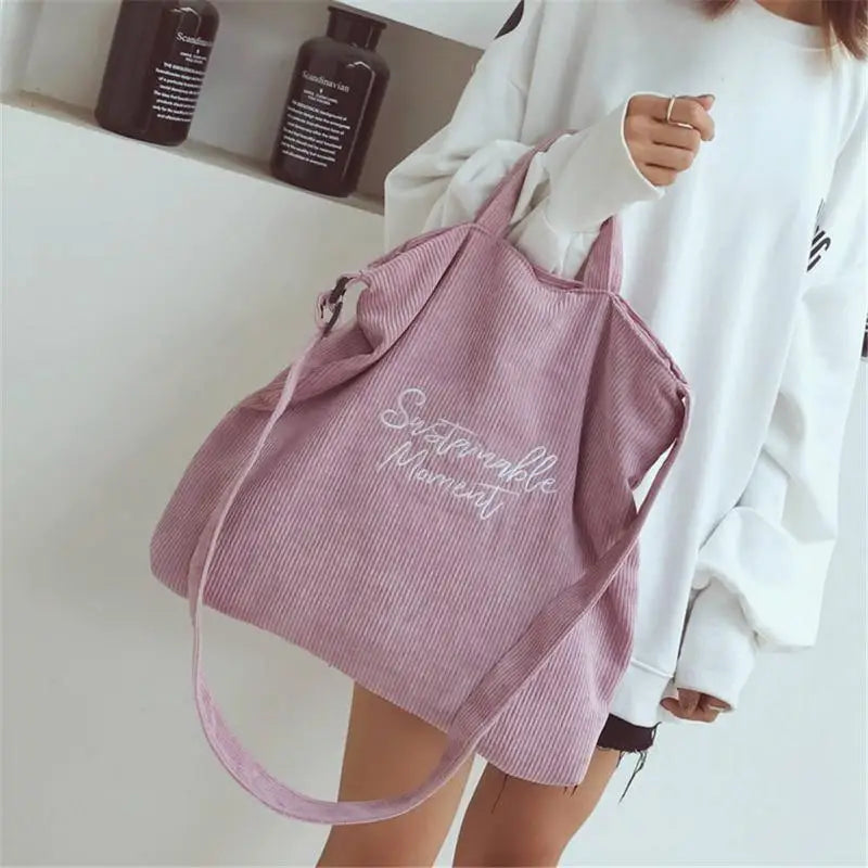 Women Corduroy Canvas Tote Shoulder Bag Shopping Handbag