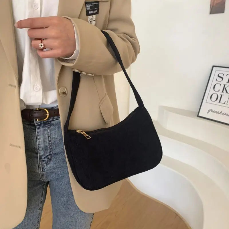 Corduroy Shoulder Bag Women Chain Handbag Winter Tote Thick Cotton Cloth