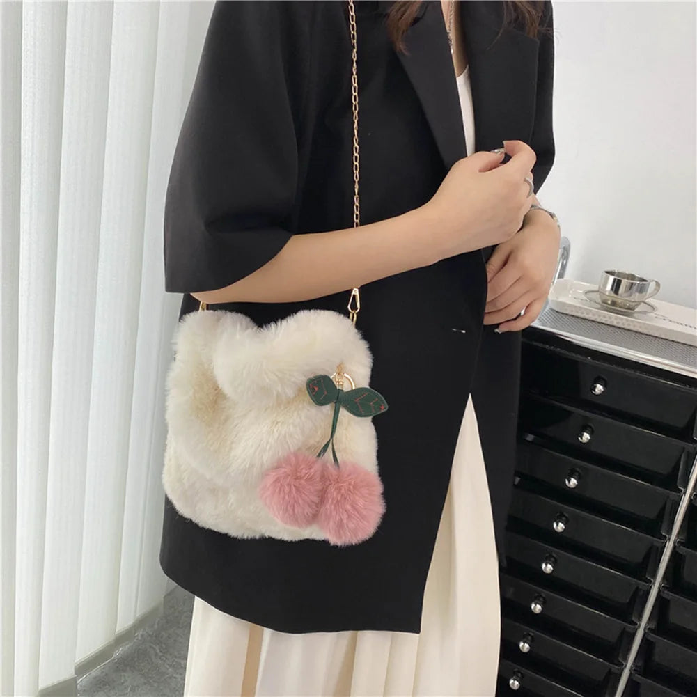 Plush Crossbody Bag with Pompom Pendant for Travel
