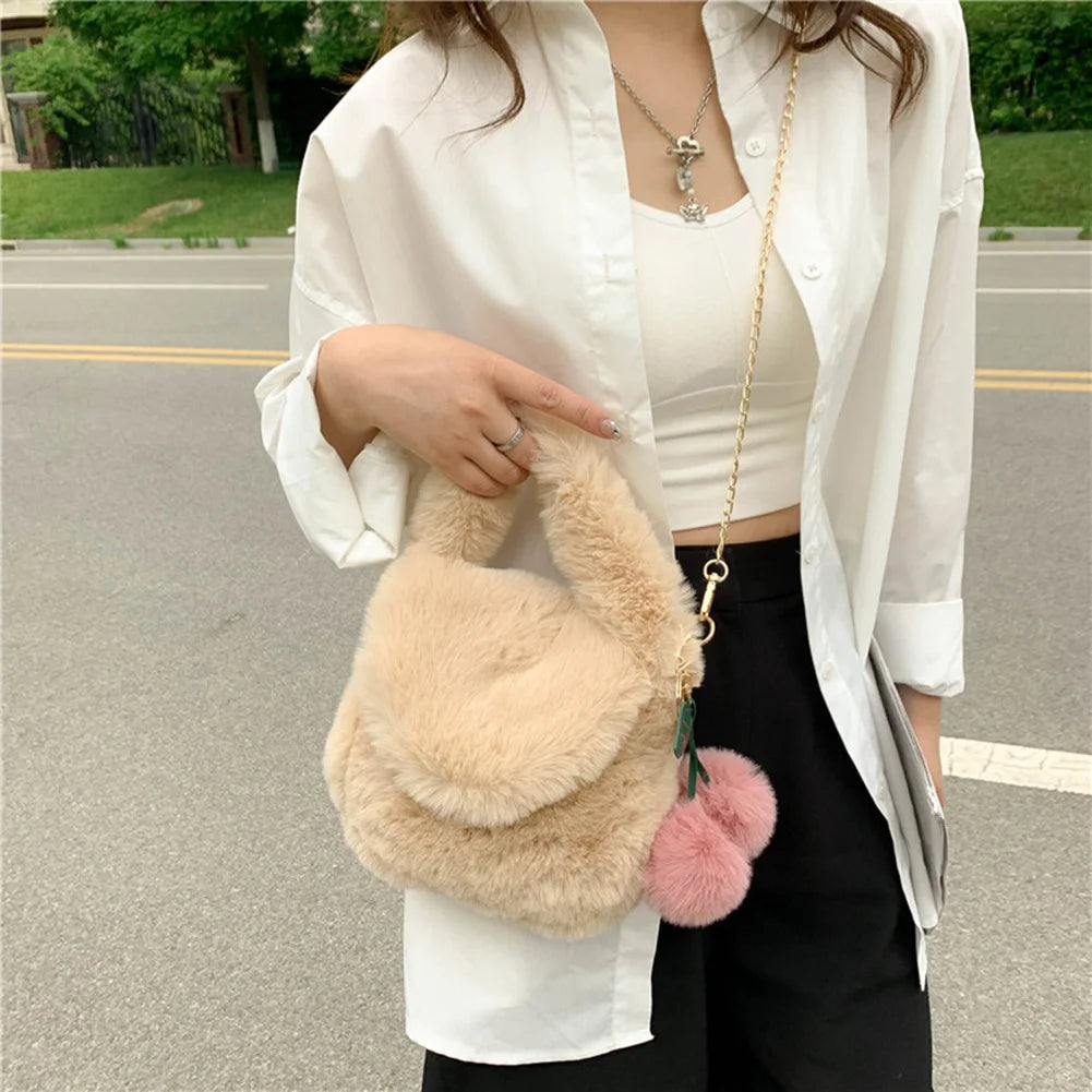 Plush Crossbody Bag with Pompom Pendant for Travel