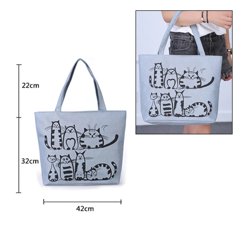Cat Print Canvas Shoulder Bag Zipper Casual Tote Shopping Handbag