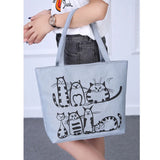 Cat Print Canvas Shoulder Bag Zipper Casual Tote Shopping Handbag