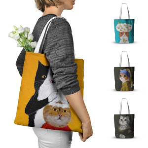 Cartoon Cat Print Tote Bag, Large Capacity Canvas Shopping Bag