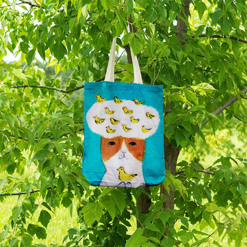 Cartoon Cat Print Tote Bag, Large Capacity Canvas Shopping Bag