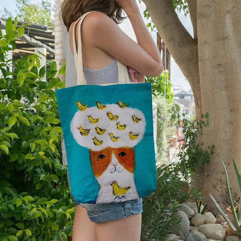 Cartoon Cat Print Tote Bag, Large Capacity Canvas Shopping Bag