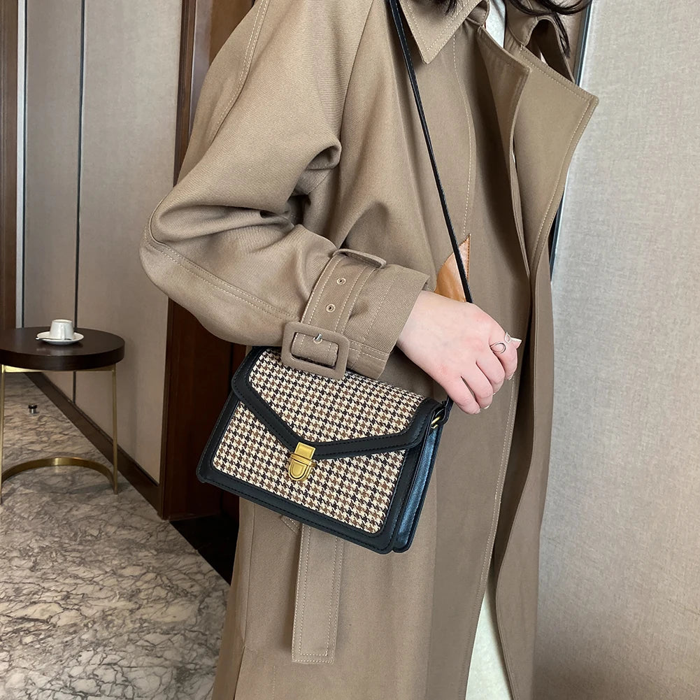 Casual Plaid Pattern Shoulder Crossbody Bag - Vintage Flap Envelope PU Leather