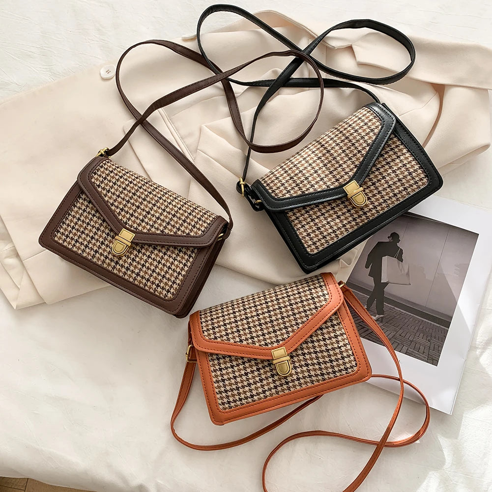 Casual Plaid Pattern Shoulder Crossbody Bag - Vintage Flap Envelope PU Leather
