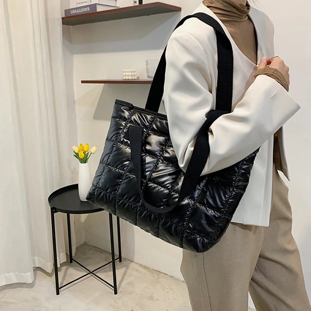 Women Solid Tote Shoulder Bags Quilted Winter Nylon Cloth Bag Handbags