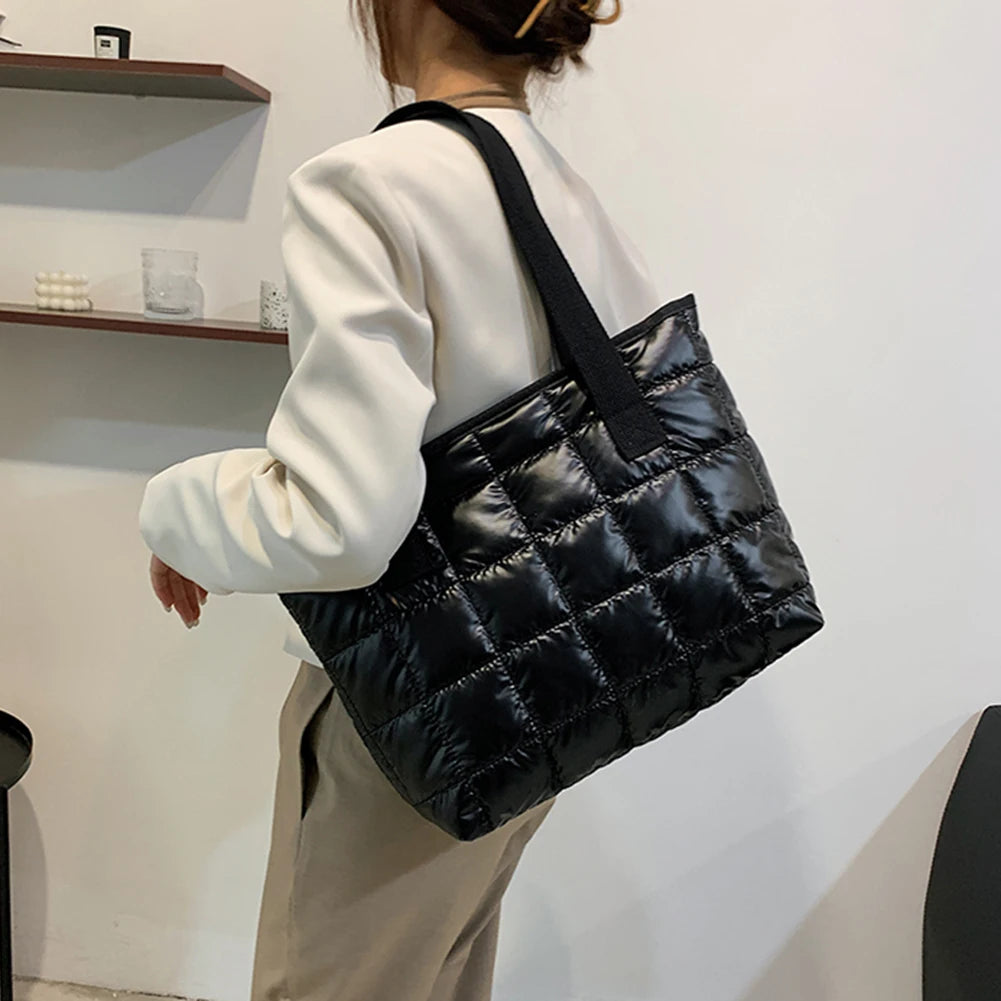 Women Solid Tote Shoulder Bags Quilted Winter Nylon Cloth Bag Handbags
