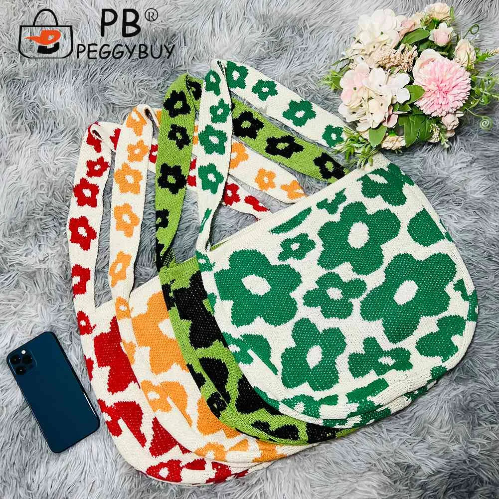 Women Flower Knitted Shoulder Bag Female Handbag Large Capacity Travel Tote