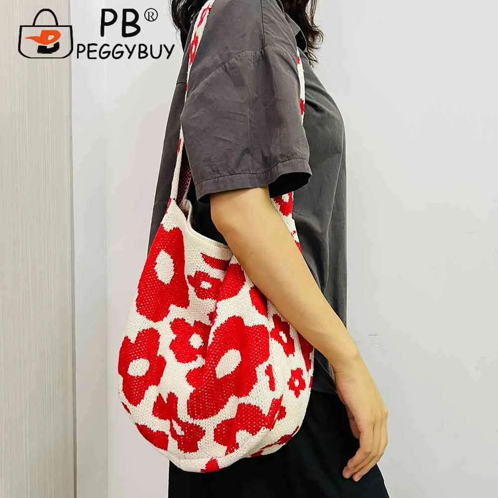 Women Flower Knitted Shoulder Bag Female Handbag Large Capacity Travel Tote