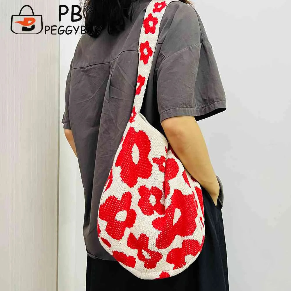 Women Flower Knitted Shoulder Bag Female Handbag Large Capacity Travel Tote