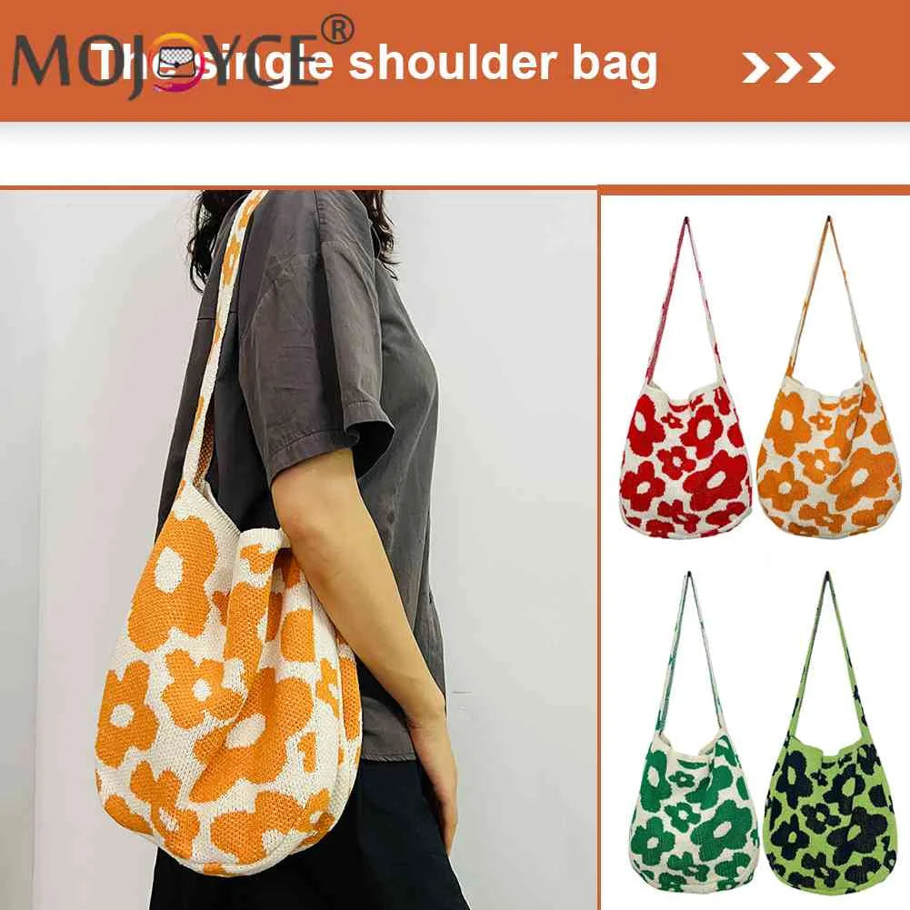 Women Flower Knitted Shoulder Bag Large Capacity Travel Tote