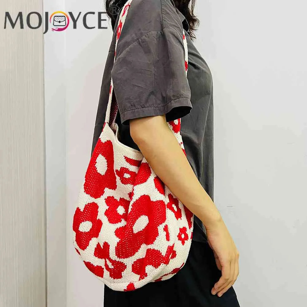 Women Flower Knitted Shoulder Bag Large Capacity Travel Tote