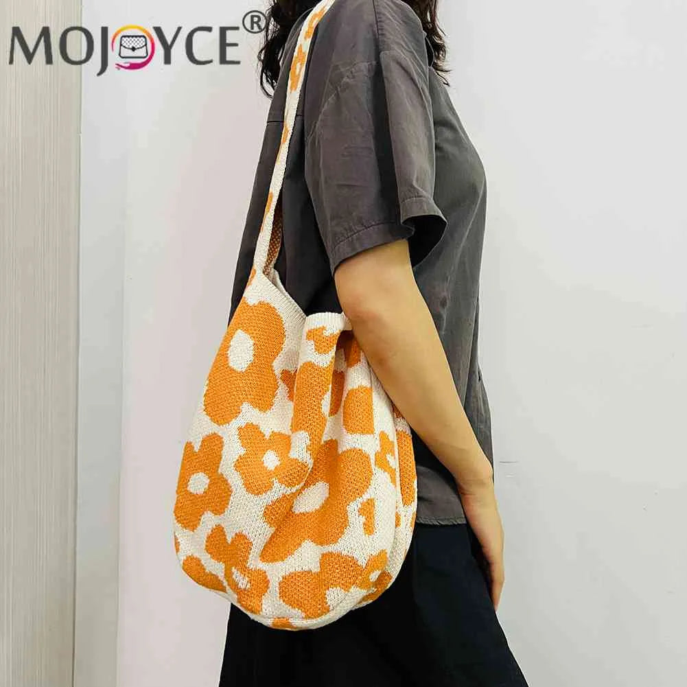 Women Flower Knitted Shoulder Bag Large Capacity Travel Tote