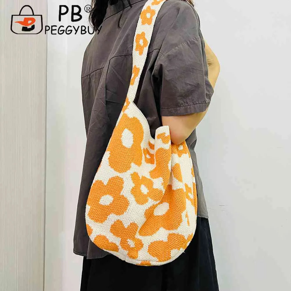 Women Flower Knitted Shoulder Bag Female Handbag Large Capacity Travel Tote