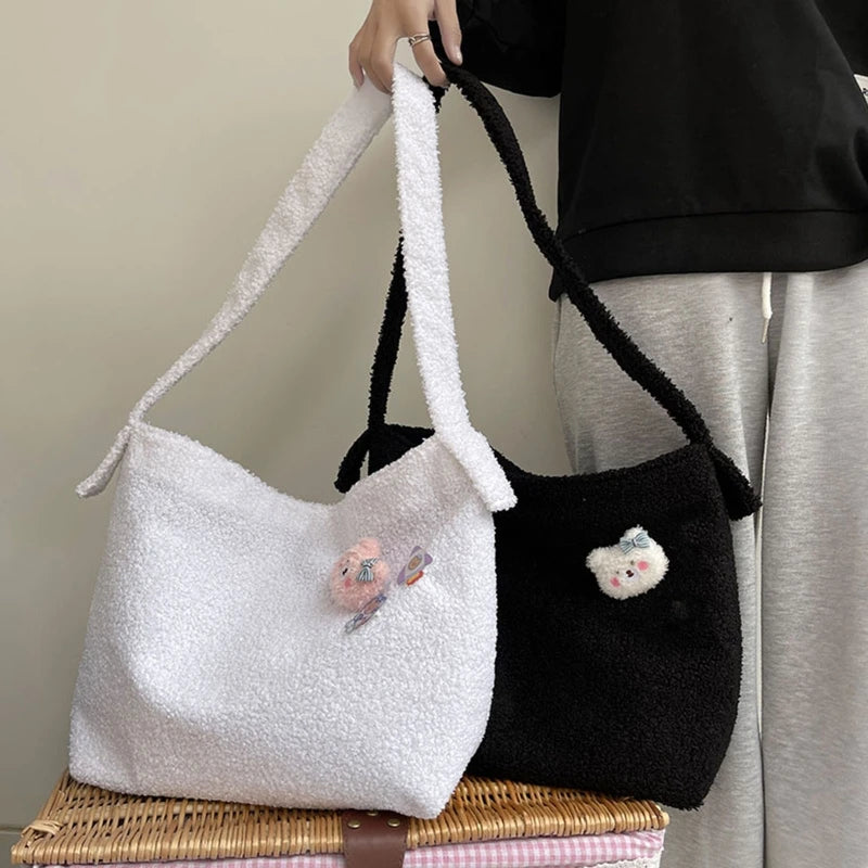 Cartoon Plush Shoulder Bag Large Capacity Messenger Satchel Tote Bookbag