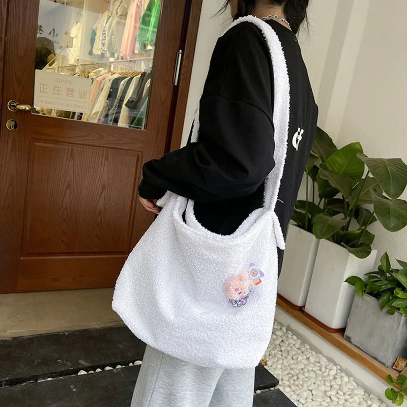 Cartoon Plush Shoulder Bag Large Capacity Messenger Satchel Tote Bookbag