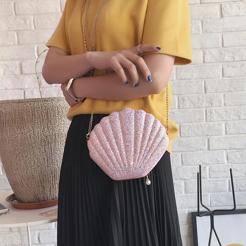 Mermaid Seashell Purse Cross-Body Shoulder Bag Glitter Sequins Chain Evening Pur