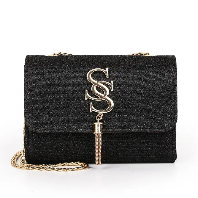 Women Glitter Envelope Clutch Bag Tassel Chain Crossbody