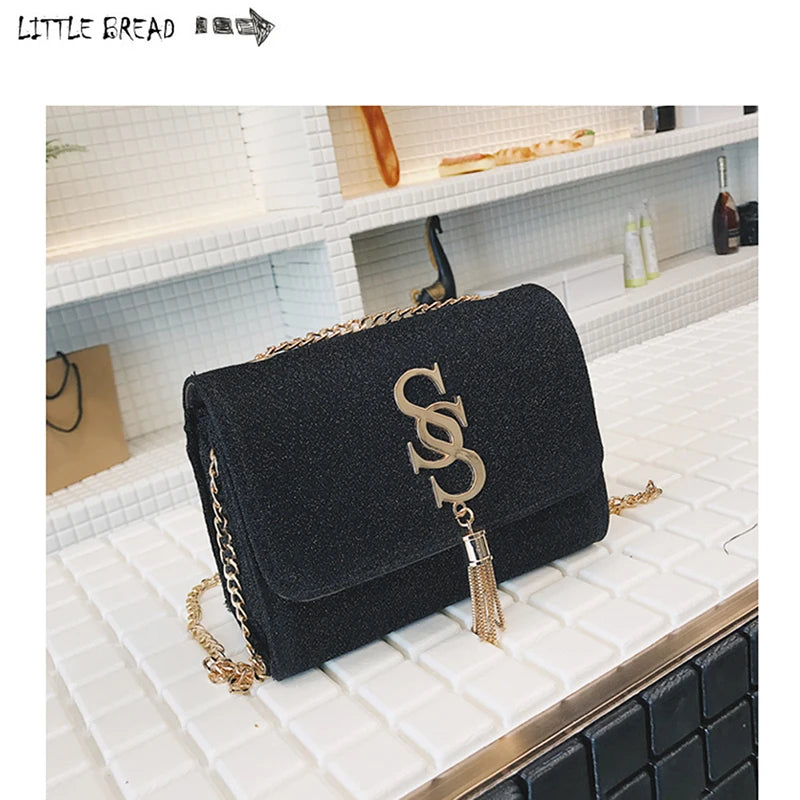 Women Glitter Envelope Clutch Bag Tassel Chain Crossbody
