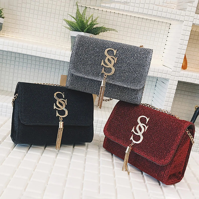 Women Glitter Envelope Clutch Bag Tassel Chain Crossbody
