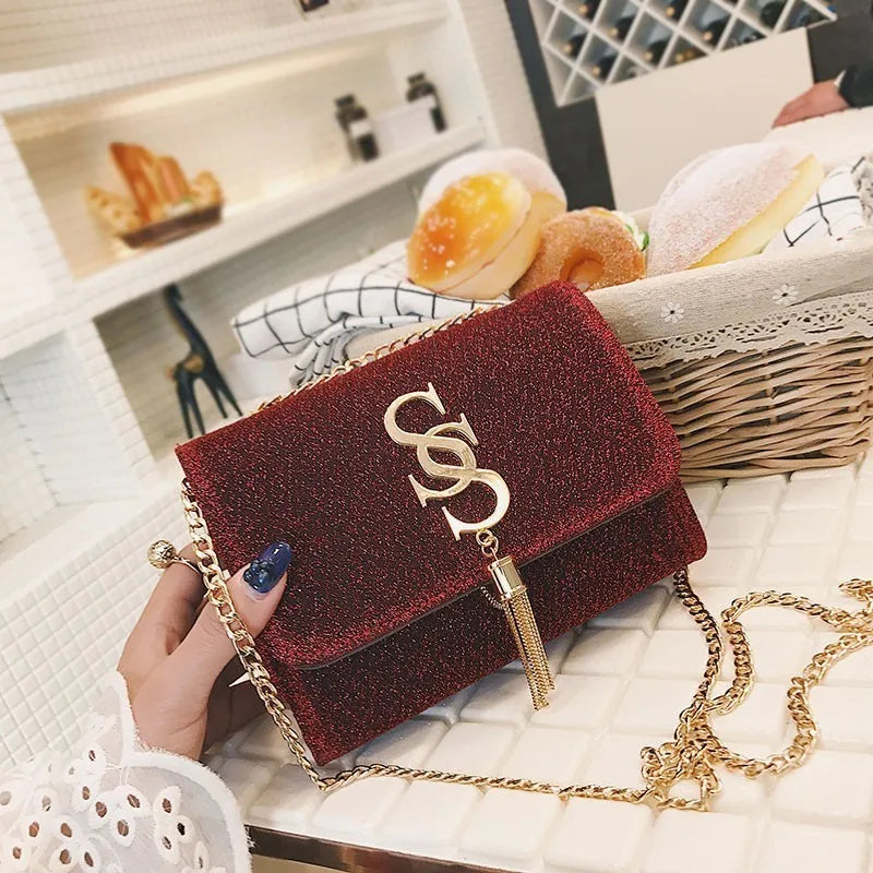 Women Glitter Envelope Clutch Bag Tassel Chain Crossbody