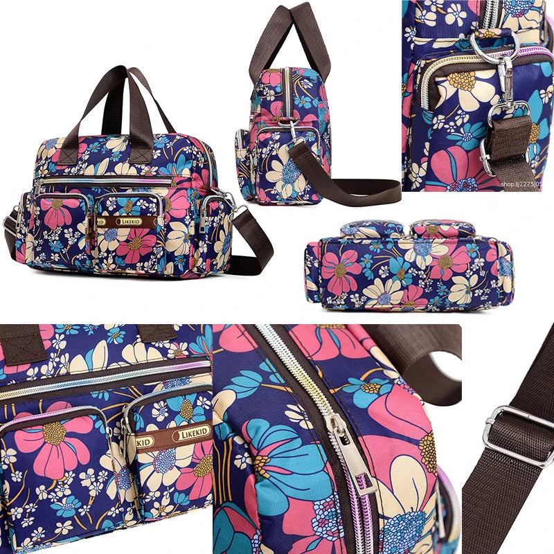 Flower Printed Large Capacity Shoulder Messenger Bag Waterproof Tote Bag